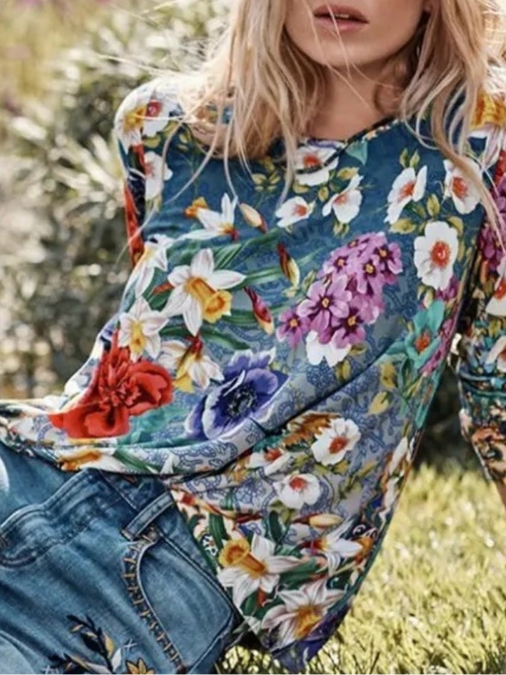 JOHNNY WAS SUNRISE FLORAL HUMMINGBIRD LONG SLEEVE BAMBOO BLEND TOP, SIZE M.